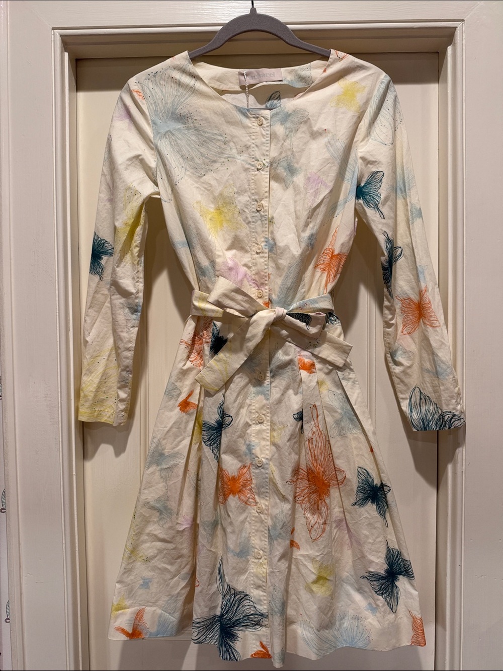 Cacharel Cream Button-Front Dress with Multicolor Butterfly Print